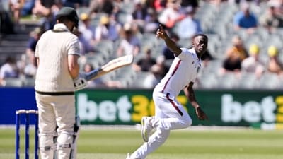 West Indies Shamar Joseph (R) celebrates after taking the wicket of Australian Steve Smith (L) during day one of the first Test against Australia (AFP) West Indies Shamar Joseph (R) celebrates after taking the wicket of Australian Steve Smith (L) during day one of the first Test against Australia (AFP)