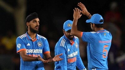 India's Arshdeep Singh celebrates with teammates (REUTERS)