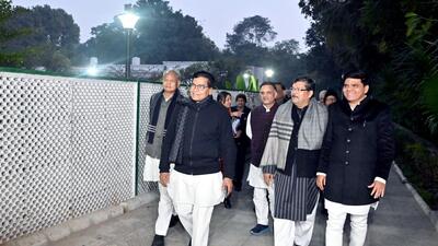 Former Rajasthan CM Ashok Gehlot, SP secretary general Ram Gopal Yadav in Delhi. (ANI) Former Rajasthan CM Ashok Gehlot, SP secretary general Ram Gopal Yadav in Delhi. (ANI)