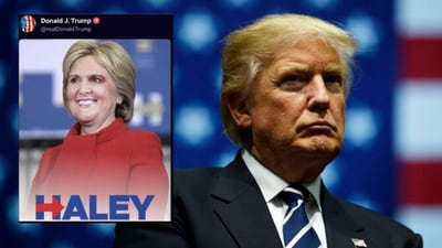 Ex-US President Donald Trump compared Nikki Haley to Hillary Clinton for her name changes and posted a photo of Haley's face on the former Secretary of State's body. (X)