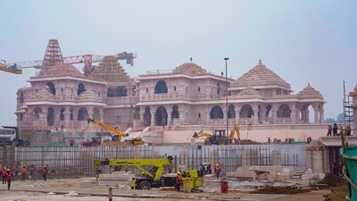 A construction crew works on Ram Mandir, a Hindu temple dedicated to Lord Ram in Ayodhya. (AP)