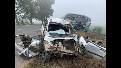 Mangled remains of the car which met with an accident in Ferozepur on Wednesday. (HT)