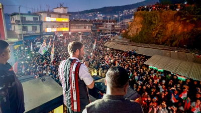 Addressing the media in Nagaland's Chiephobozou on Wednesday, Rahul Gandhi said that the Naga problem requires resolution, but it is lacking "conversation, listening to each other and working in implementing a solution." (PTI) Addressing the media in Nagaland's Chiephobozou on Wednesday, Rahul Gandhi said that the Naga problem requires resolution, but it is lacking "conversation, listening to each other and working in implementing a solution." (PTI)