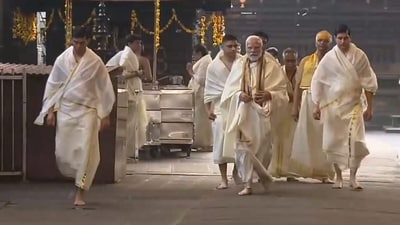 Prime Minister Narendra Modi, on a two-day visit to Kerala from Tuesday, offered prayers at the renowned Lord Krishna temple in Guruvayur, Thrissur, and attended a family wedding of actor-politician Suresh Gopi on Wednesday. (PTI) Prime Minister Narendra Modi, on a two-day visit to Kerala from Tuesday, offered prayers at the renowned Lord Krishna temple in Guruvayur, Thrissur, and attended a family wedding of actor-politician Suresh Gopi on Wednesday. (PTI)