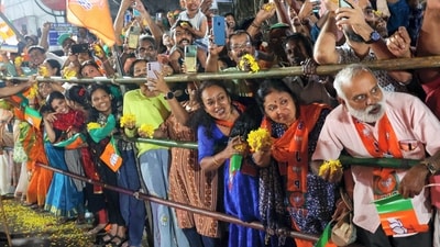 PM Modi arrived in Guruvayur around 7:35 am by helicopter, landing at the Sree Krishna College ground, where hundreds of BJP supporters and workers had gathered for hours to welcome him. (PTI) PM Modi arrived in Guruvayur around 7:35 am by helicopter, landing at the Sree Krishna College ground, where hundreds of BJP supporters and workers had gathered for hours to welcome him. (PTI)