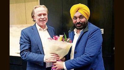 Punjab chief minister Bhagwant Mann during a meeting with Australia’s High Commissioner to India Philip Green in New Delhi on Wednesday. (PTI) Punjab chief minister Bhagwant Mann during a meeting with Australia’s High Commissioner to India Philip Green in New Delhi on Wednesday. (PTI)