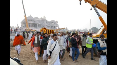 Ramlalla's representative idol being carried across the Ram Temple premises in Ayodhya on Wednesday. (ANI) Ramlalla's representative idol being carried across the Ram Temple premises in Ayodhya on Wednesday. (ANI)