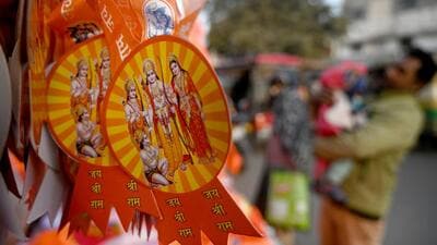 Saffron flags and Ram temple badges kept for sale at Harola market in Sector 5, Noida, on Wednesday. (Sunil GHish/HT Photo)