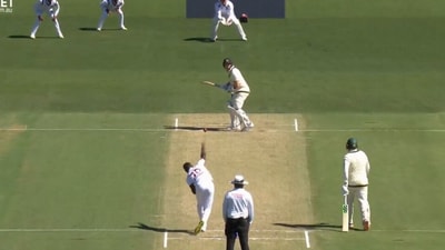 Shamar Joseph bowls his first ball to Steve Smith Shamar Joseph bowls his first ball to Steve Smith