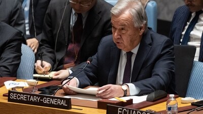 Israel-Hamas War: UN secretary-general Antonio Guterres speaks during a United Nations Security Council meeting on Gaza. (AFP) Israel-Hamas War: UN secretary-general Antonio Guterres speaks during a United Nations Security Council meeting on Gaza. (AFP)