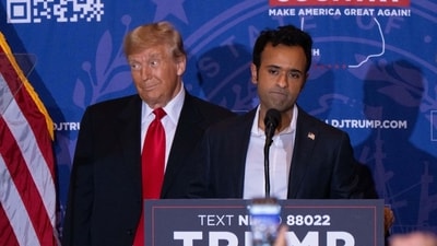 Donald Trump with Vivek Ramaswamy during a campaign event at the Atkinson Resort and Country Club in Atkinson, New Hampshire, US, on Tuesday, Jan. 16, 2024 (Photographer: Mel Musto/Bloomberg) (Bloomberg) Donald Trump with Vivek Ramaswamy during a campaign event at the Atkinson Resort and Country Club in Atkinson, New Hampshire, US, on Tuesday, Jan. 16, 2024 (Photographer: Mel Musto/Bloomberg) (Bloomberg)