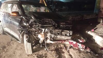 The car that ran over a migrant family sleeping under the flyover on the Bathinda-Patiala highway early on Wednesday, claiming the life a one-year-old girl. (HT Photo)