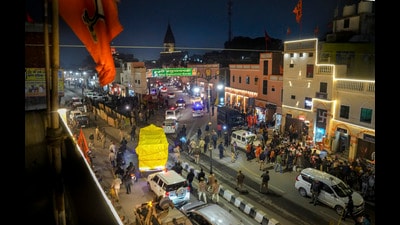 The truck transporting the main idol of Lord Ram enroute to Shri Ram Janmabhoomi Temple ahead of its consecration ceremony, in Ayodhya, Wednesday. (PTI) The truck transporting the main idol of Lord Ram enroute to Shri Ram Janmabhoomi Temple ahead of its consecration ceremony, in Ayodhya, Wednesday. (PTI)