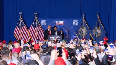 Trump welcoming Ramaswamy on stage: “Last night, I was honoured to receive the endorsement of a man who has become a true leader and earned the admiration of so many patriots. I've been a friend of his, even though we were competing against each other, and we got along. And he was saying, he's a great president. I kept saying, why is he running? He keeps calling me a great president, but he's a fantastic guy, a very smart guy." (AP) Trump welcoming Ramaswamy on stage: “Last night, I was honoured to receive the endorsement of a man who has become a true leader and earned the admiration of so many patriots. I've been a friend of his, even though we were competing against each other, and we got along. And he was saying, he's a great president. I kept saying, why is he running? He keeps calling me a great president, but he's a fantastic guy, a very smart guy." (AP)