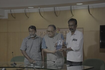 KP Jayanandan (left) at the launch of his fiction title, with K. Narayanakurup, former acting chief justice of Madras high court (centre) and K P Rajagopal, a retired police officer (Leonald Daisy Mathew)