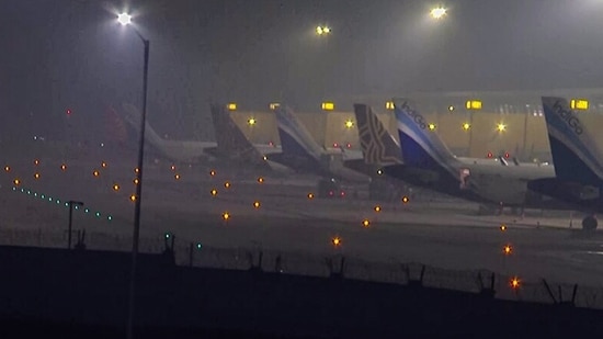 Dense fog covers the Indira Gandhi International Airport on a cold winter morning, in New Delhi on Tuesday. (ANI)