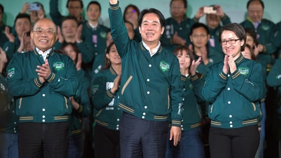 Taiwanese Vice President Lai Ching-te, also known as William Lai, center, celebrates his victory with running mate Bi-khim Hsiao, right, and supporters in Taipei, Taiwan. (AP)