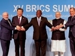 Leaders of BRICS nations, including Prime Minister Narendra Modi, at the Summit in Johannesburg in August 2023.