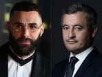 French football player Karim Benzema (L) and a picture of French Interior Minister Gerald Darmanin