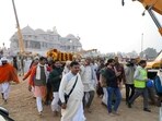 Ramlalla's representative idol being carried across the Ram Temple premises in Ayodhya on Wednesday. (ANI) Ramlalla's representative idol being carried across the Ram Temple premises in Ayodhya on Wednesday. (ANI)
