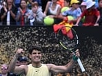 Spain's Carlos Alcaraz celebrates after victory against Italy's Lorenzo Sonego during their men's singles match Spain's Carlos Alcaraz celebrates after victory against Italy's Lorenzo Sonego during their men's singles match