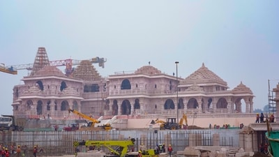 The image shows Ayodhya's Ram Mandir from when it was being constructed.