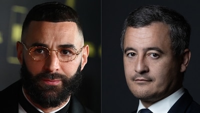 French football player Karim Benzema (L) and a picture of French Interior Minister Gerald Darmanin (AFP) French football player Karim Benzema (L) and a picture of French Interior Minister Gerald Darmanin (AFP)