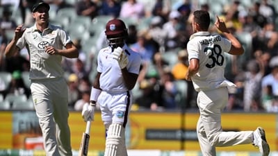 Australia's Josh Hazlewood (R) celebrates the wicket of Alick Athanaze during day two of the first cricket Test match between Australia and the West Indies at the Adelaide Oval (AFP) Australia's Josh Hazlewood (R) celebrates the wicket of Alick Athanaze during day two of the first cricket Test match between Australia and the West Indies at the Adelaide Oval (AFP)