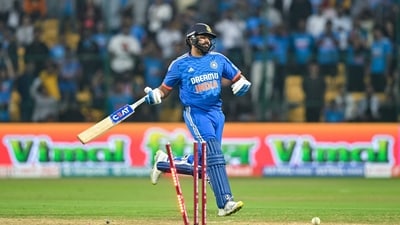 Rohit Sharma witnessed a range of emotions in Bengaluru yesterday amid a double Super Over thriller. (AFP) Rohit Sharma witnessed a range of emotions in Bengaluru yesterday amid a double Super Over thriller. (AFP)