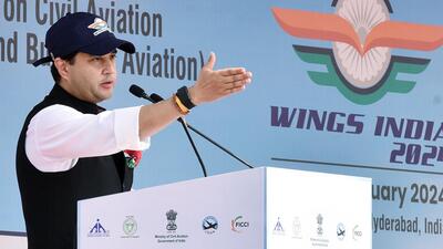 Civil aviation minister Jyotiraditya Scindia addresses the inaugural session of Wings India 2024 in Hyderabad on Thursday. (ANI) Civil aviation minister Jyotiraditya Scindia addresses the inaugural session of Wings India 2024 in Hyderabad on Thursday. (ANI)
