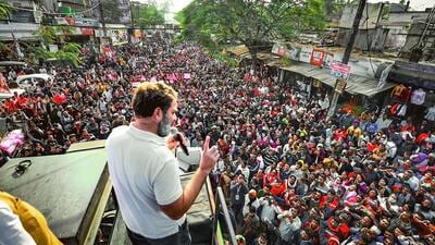 Congress leader Rahul Gandhi addresses a public meeting during the Bharat Jodo Nyay Yatra, on Thursday (PTI VIA @INCIndia) Congress leader Rahul Gandhi addresses a public meeting during the Bharat Jodo Nyay Yatra, on Thursday (PTI VIA @INCIndia)