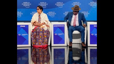 For Representation: Union Minister for Women and Child Development Smriti Irani with South African Finance Minister Enoch Godongwana at WEF Annual Meeting, in Davos, Switzerland. (PTI)