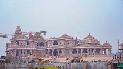 A construction crew works on Ram Mandir, a Hindu temple dedicated to Lord Ram in Ayodhya. (AP)