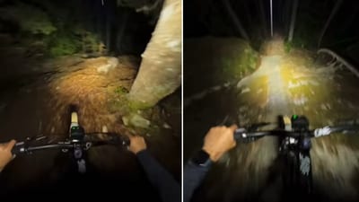 The image shows a man exploring an extremely narrow trail on a cycle. (Instagram/@remymetailler) The image shows a man exploring an extremely narrow trail on a cycle. (Instagram/@remymetailler)