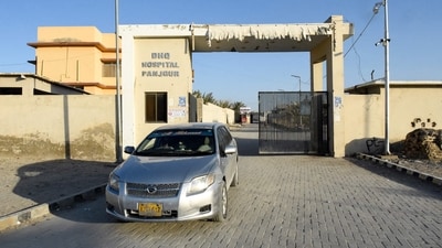 A car leaves the district headquarter hospital (DHQ) in Panjgur town of Balochistan province on January 17, 2024 where victims of an Iranian air strike were moved. (AFP) A car leaves the district headquarter hospital (DHQ) in Panjgur town of Balochistan province on January 17, 2024 where victims of an Iranian air strike were moved. (AFP)