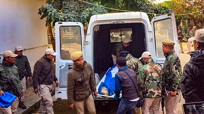 Security personnel carry mortal remains of policeman Wangkhem Somorjit, who sustained gunshot wounds in a militant attack and succumbed to injuries during treatment, in Manipur (PTI/Representative Photo) Security personnel carry mortal remains of policeman Wangkhem Somorjit, who sustained gunshot wounds in a militant attack and succumbed to injuries during treatment, in Manipur (PTI/Representative Photo)