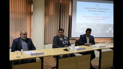 Police Commissioner, Prayagraj, Ramit Sharma, at IIIT-A on Wednesday evening (HT Photo) Police Commissioner, Prayagraj, Ramit Sharma, at IIIT-A on Wednesday evening (HT Photo)