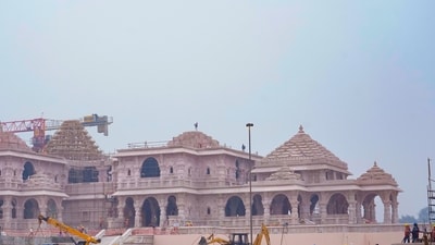 A construction crew works on the Ram Temple in Ayodhya. (AP) A construction crew works on the Ram Temple in Ayodhya. (AP)