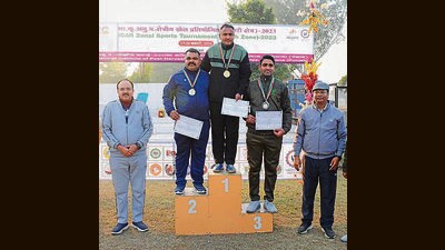 Winners displaying their medals during the second day of ICAR Zonal Sports Tournament (North Zone) held in Ludhiana. (HT)