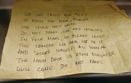 SpiceJet cabin crew's note to passenger stuck in aircraft's lavatory (Twitter) SpiceJet cabin crew's note to passenger stuck in aircraft's lavatory (Twitter)