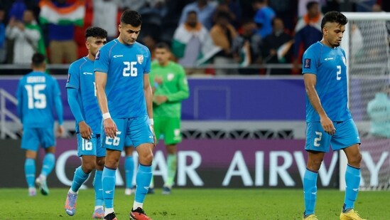 India's players react at the end of the Qatar 2023 AFC Asian Cup Group B football match (AFP)