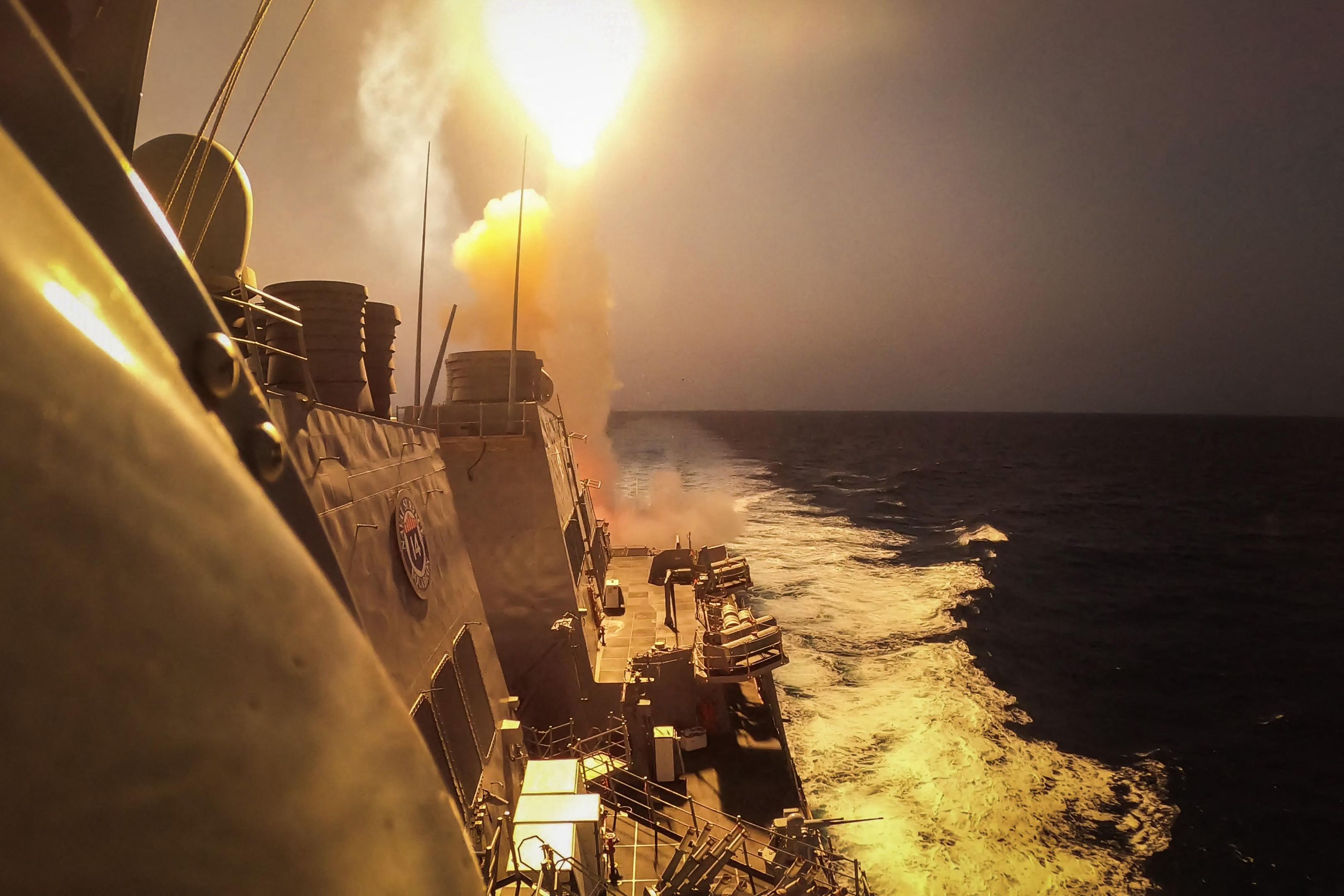 Houthis Red Sea attacks: Arleigh Burke-class guided-missile destroyer USS Carney (DDG 64) defeating a combination of Houthi missiles and unmanned aerial vehicles in the Red Sea. (AFP) Houthis Red Sea attacks: Arleigh Burke-class guided-missile destroyer USS Carney (DDG 64) defeating a combination of Houthi missiles and unmanned aerial vehicles in the Red Sea. (AFP)