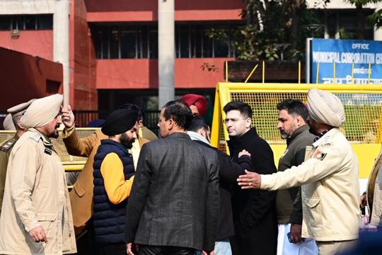 Aam Aadmi Party MP Raghav Chadha outside the municipal corporation office in Chandigarh on Thursday. (Ravi Kumar/HT) Aam Aadmi Party MP Raghav Chadha outside the municipal corporation office in Chandigarh on Thursday. (Ravi Kumar/HT)