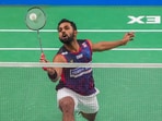 India's H S Prannoy returns to Chinese Taipei's T W Wang during the men's singles badminton quarter-final match at the India Open 2024(PTI)