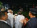 Gujarat chief minister Bhupendra Patel inspects the accident site of Harani Lake after a boat carrying children capsized, in Vadodara on Thursday. Gujarat chief minister Bhupendra Patel inspects the accident site of Harani Lake after a boat carrying children capsized, in Vadodara on Thursday.