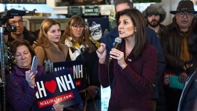 Republican presidential candidate former UN Ambassador Nikki Haley speaks during a campaign event at the Robie Country Store in Hooksett, N.H., Thursday, Jan. 18, 2024. (AP Photo/Matt Rourke) (AP) Republican presidential candidate former UN Ambassador Nikki Haley speaks during a campaign event at the Robie Country Store in Hooksett, N.H., Thursday, Jan. 18, 2024. (AP Photo/Matt Rourke) (AP)