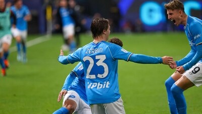 Napoli's Italian forward #23 Alessio Zerbin celebrates his goal with his team during the Italian Super Cup semi final football match between Napoli and Fiorentina at Al-Awwal Park Stadium in Riyadh (AFP)