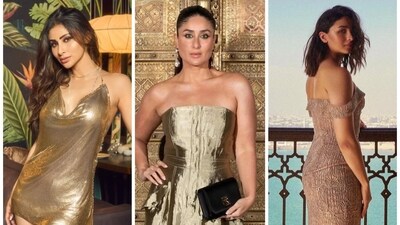 Mouli Roy rocks a mini gold number, Kareena Kapoor Khan makes a statement in a strapless metallic gold gown and Alia Bhatt in her golden beige sequinned gown at the recent Red Sea Film Festival (Instagram) Mouli Roy rocks a mini gold number, Kareena Kapoor Khan makes a statement in a strapless metallic gold gown and Alia Bhatt in her golden beige sequinned gown at the recent Red Sea Film Festival (Instagram)