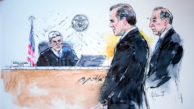 In this courtroom sketch, President Joe Biden's son Hunter Biden, centre, appears alongside attorney Abbe Lowell, right, in front of Judge Mark C. Scarsi, left, in federal court, Thursday,(Bill Robles via AP) (AP)