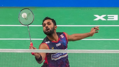 India's H S Prannoy returns to Chinese Taipei's T W Wang during the men's singles badminton quarter-final match at the India Open 2024 (PTI) India's H S Prannoy returns to Chinese Taipei's T W Wang during the men's singles badminton quarter-final match at the India Open 2024 (PTI)